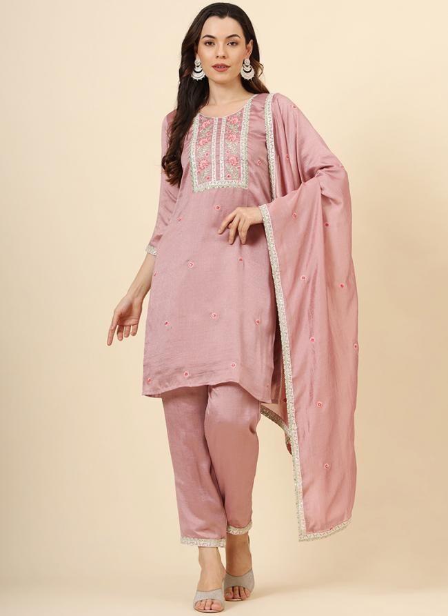 Vichitra Silk Pink Festival Wear Embroidery Work Readymade Kurti Set